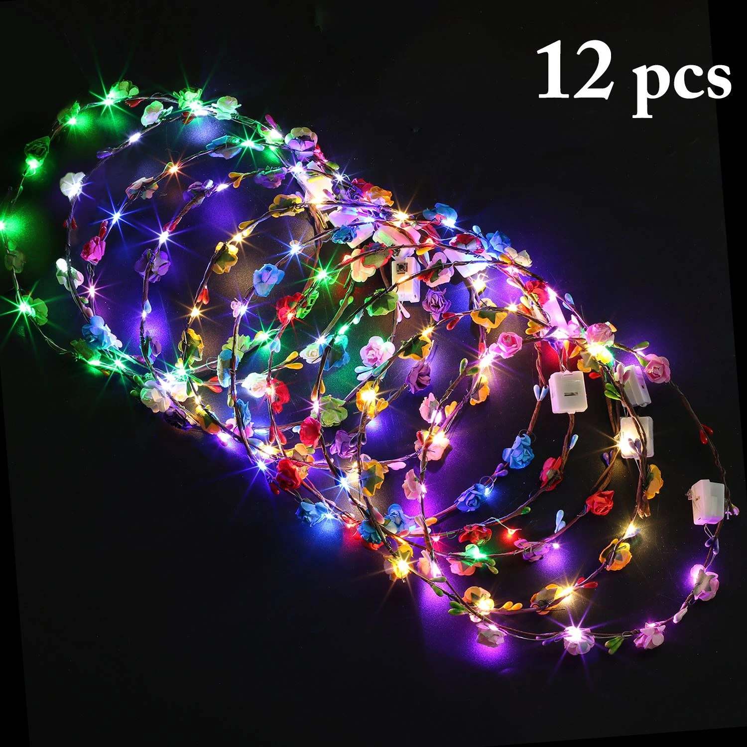 12PCS Flower Wreath Luminous 10-LED Headpiece Garland Crown Flower Headband Glowing Wreath For Wedding Party Christmas Garlands