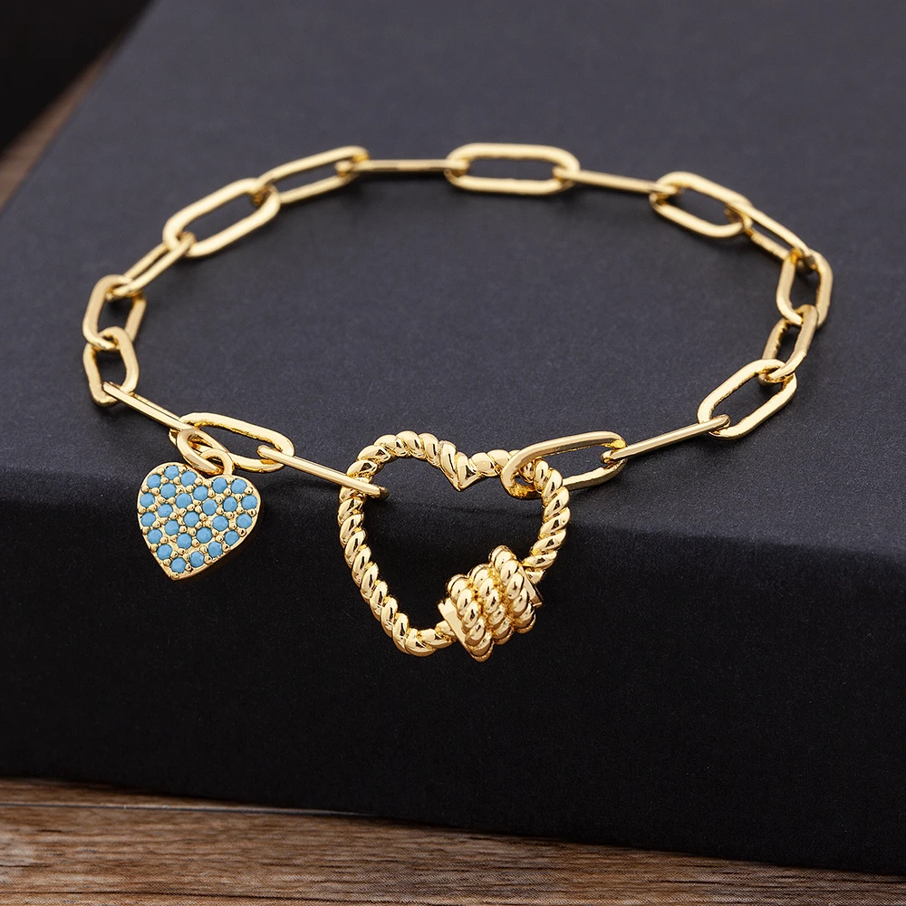 Hot Sale Romantic Heart Bracelets Gold Pendant Link Chain Bracelet for Women Men Copper Cubic Zirconia Party Wedding Jewelry