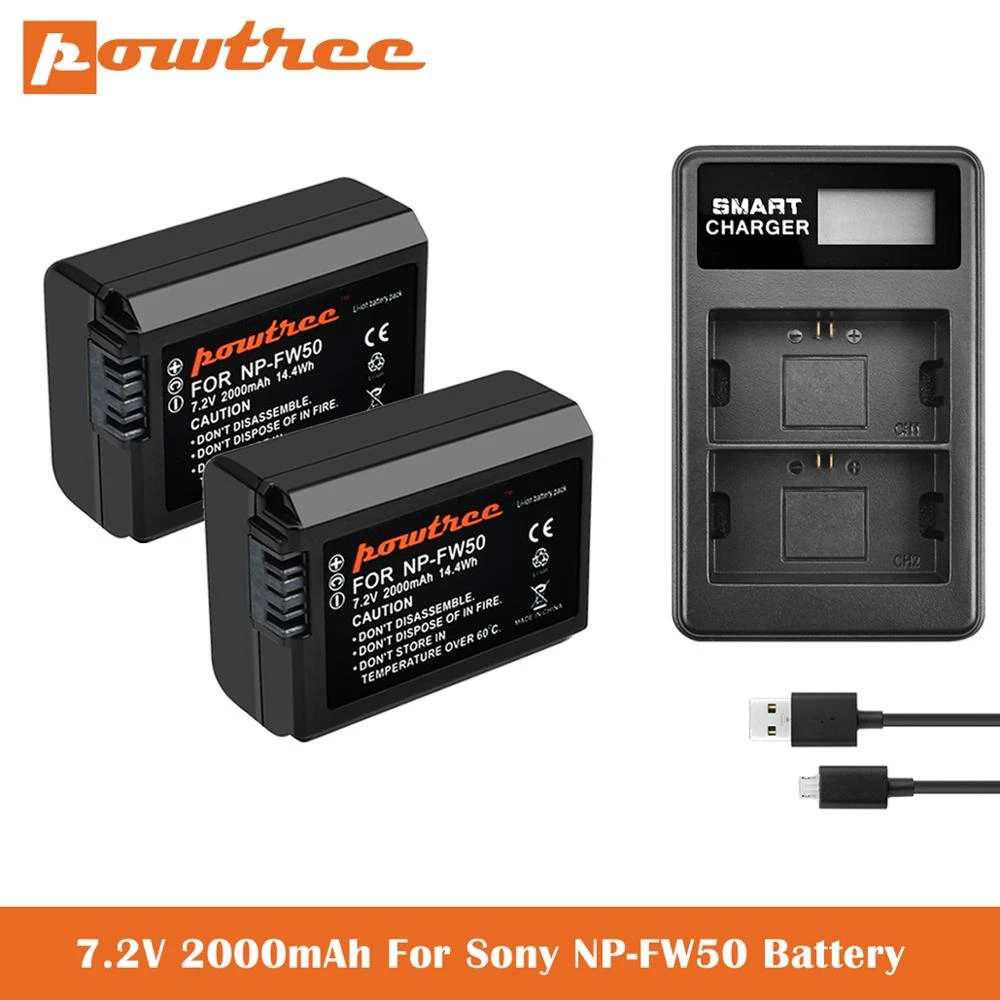 2000mAh NP-FW50 Battery+LCD Dual Charger for Sony Alpha a6500 a6300 a6000, a7s, a7, a7s ii, a7s, a5100, a5000, a7r, a7 ii Camer