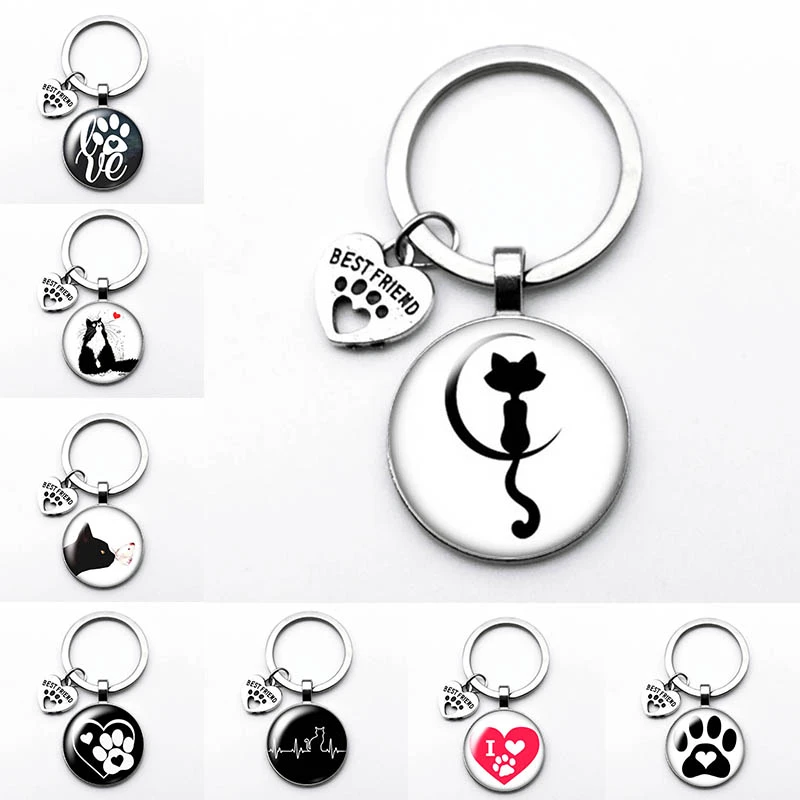 Love Cat Pet Footprints Dogs Glass Cabochon Keychain Bag Car Key Chain Ring Holder Charms  Keychains for Men Women Gifts