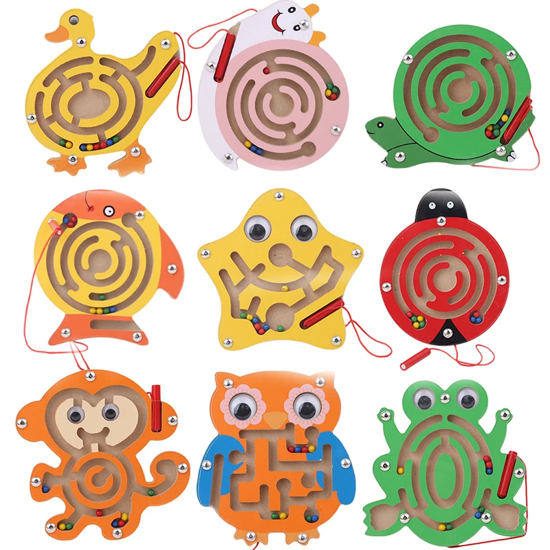 Children Magnetic Maze Toy Kids Wooden Puzzle Game Toy Kids Early Educational Brain Teaser Wooden Toy Intellectual Jigsaw Board