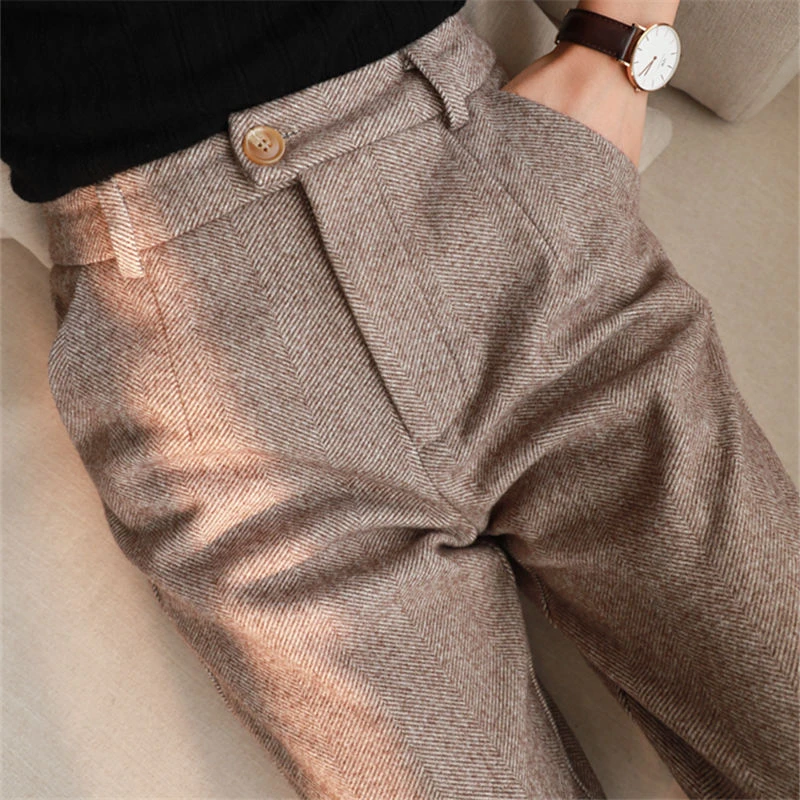 Herringbone Woolen Pants Women's Harem Pencil Pants 2020 Autumn Winter High Waisted Casual Suit Pants Office Lady Women Trousers