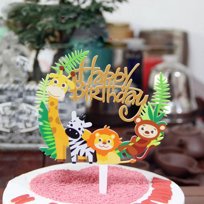 Wild Jungle Party Cake Topper Happy Birthday  Animal Cake Flag Boy Birthday Party Decoration Children Forest Party Supplies