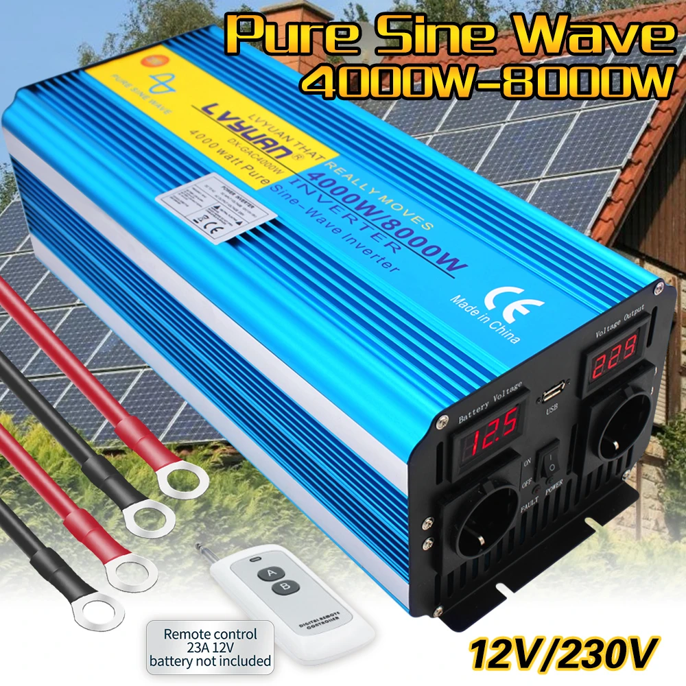 Pure Sine Wave 8000W  DC 12V/24V TO AC 220V/230V/240V solar power inverter with 3.1A USB dual LED display EU socket