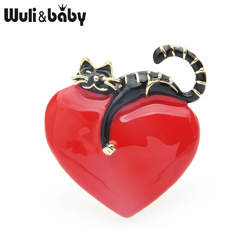 Wuli&baby Original Enamel Heart Lazy Cat Brooch Pins For Lovers Gift Wedding Jewelry Brooch 2019 Christmas New Year Gift