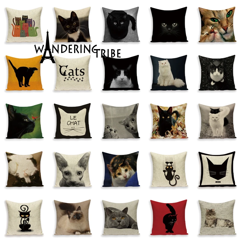 Wandering Tribe  New Cartoon Lovely Cat Black Decorative Cushion Cover Throw Pillowcase Linen Fabric Home Decor Sofa Bed Kissen