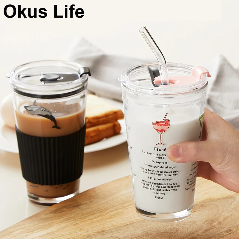 450ml Travel Glass Mug Coffee Cup Heat-Resistant Glass Scale Cup Car Water Milk Cup Insulation Non-slip Cover Glass Straw Set