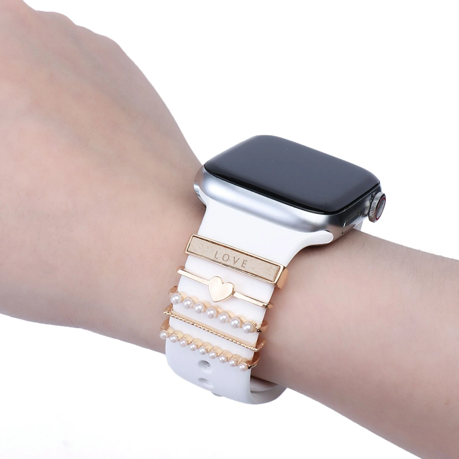 For Apple Watch Band Metal Charms Decorative Ring Diamond Ornament Smart Watch Silicone Strap Accessories For iwatch Bracelet