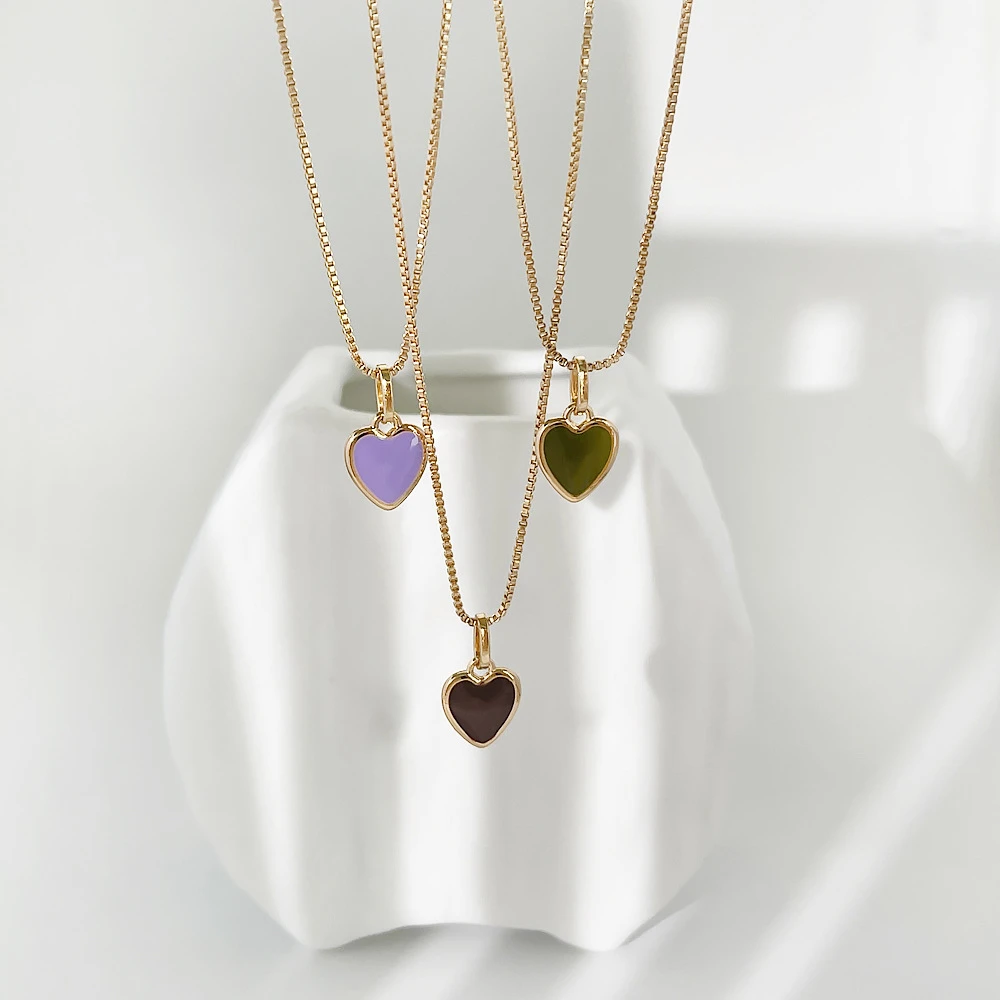 New Ins Vintage Color Heart Necklace Simple Cute Drop Oil Peach Heart Necklaces For Women Girls Fashion Jewelry Gift