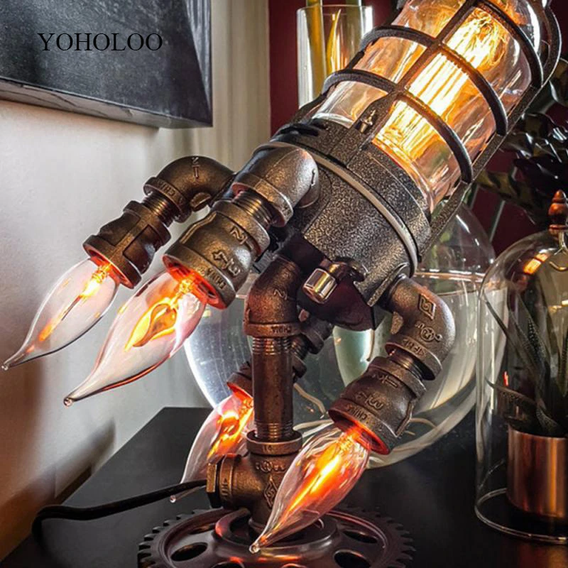 Retro Steampunk Rocket Lamp Light LED Table Offices Cool Rocket Night Light For Home Office Decoration Desktop Decor Gift H&JOY