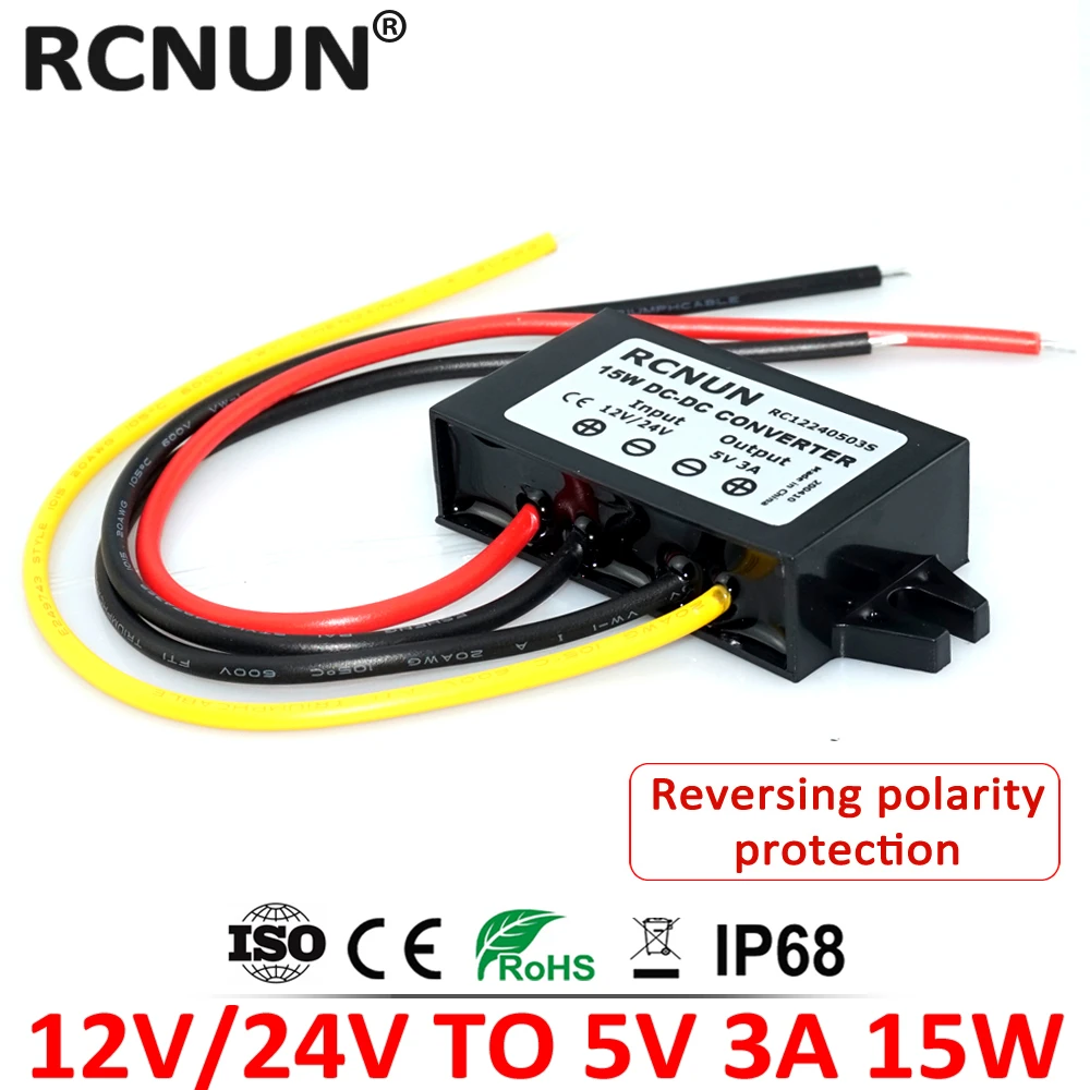 9V 12V 24V 36V 48V 60V to 5V 3A Step Down DC DC Converter 12 Volt to 5 Volt 15W Car LED Power Supply with Reversing Polarity