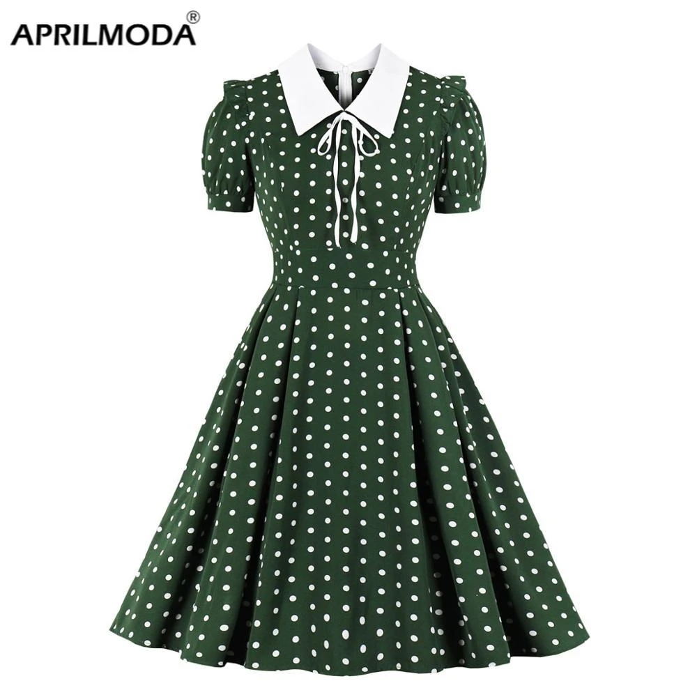 2020 Green Vintage Retro 50s 60s Women Dress Polka Dots Printed Short Sleeve Turn Down Collar Rockabilly A Line Party Jurken