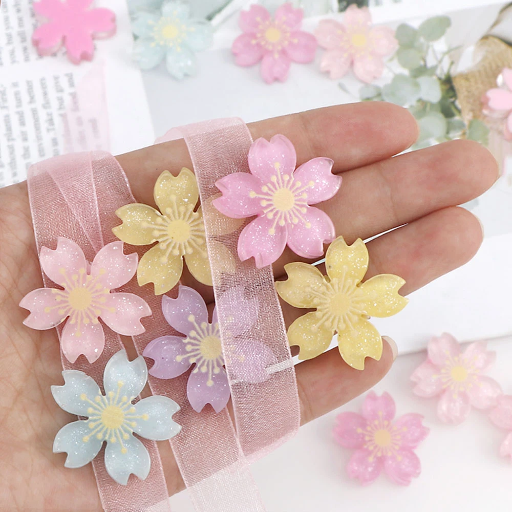 20Pcs Beautiful DIY Mix Color Cherry Blossoms Resin Flatback Embellishment Accessories Scrapbooking Crafts Phone Decoration 26mm