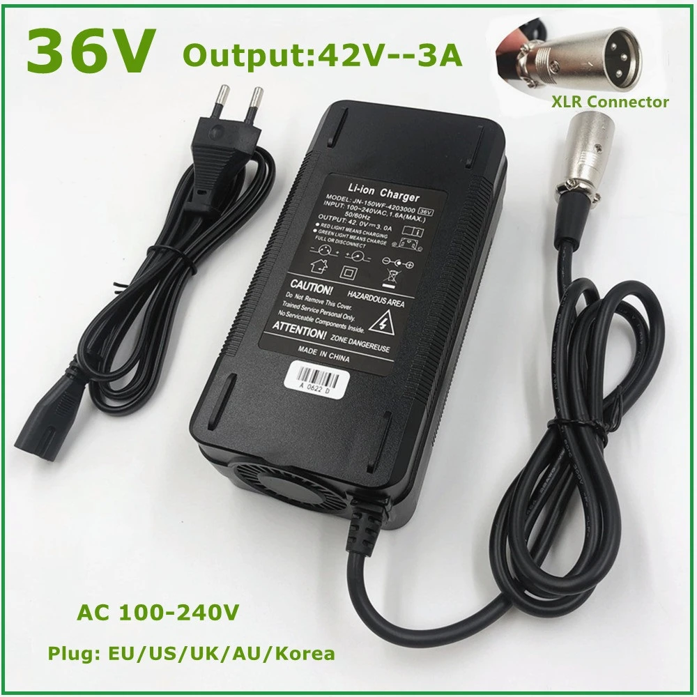 36V Output 42V 3A Electric Bike Lithium Battery Charger for 36V Li-ion Battery Pack With 3-Pin XLR Socket/Connector Cooling fan