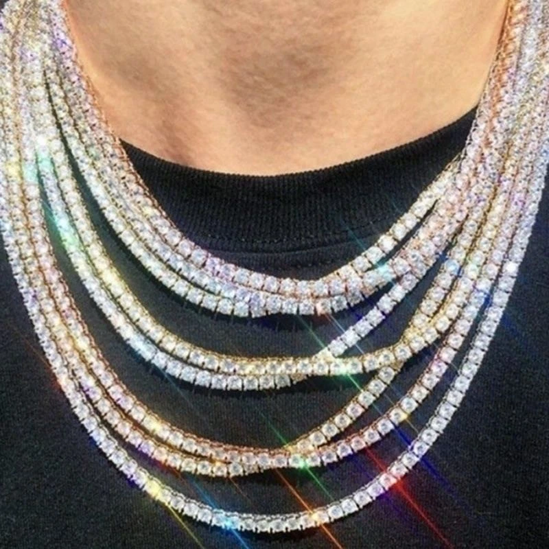 Fashion 1 row Rhinestone men's hip hop Necklace rap singer Necklace ice tennis chain necklace shiny Crystal women's  Necklace