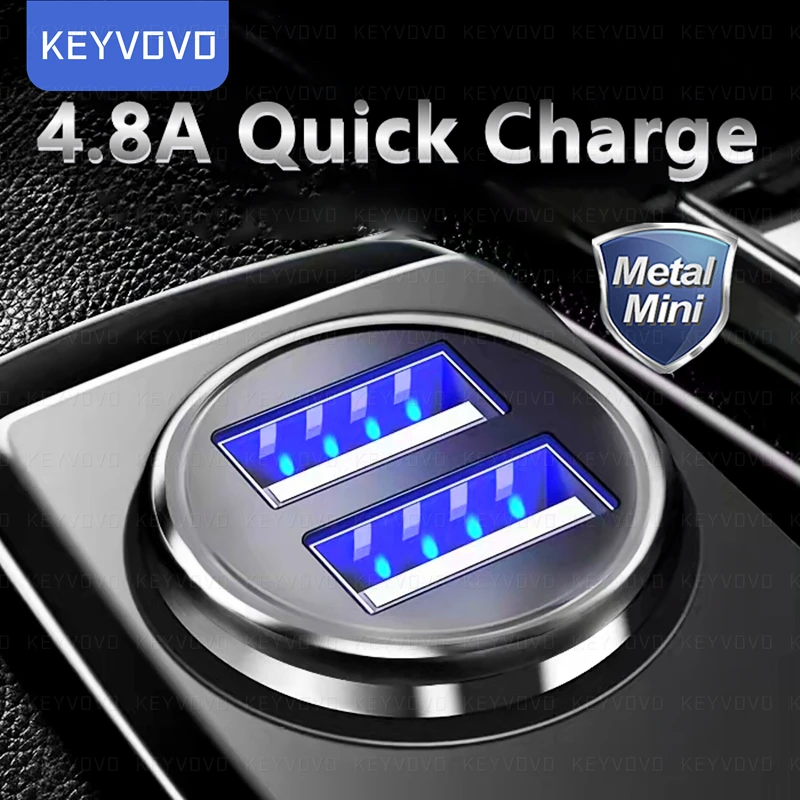 4.8A Dual USB Car Charger USB Fast Charger Mini Metal Quick Charge Charger For iPhone Huawei Xiaomi Samsung Led Light Display