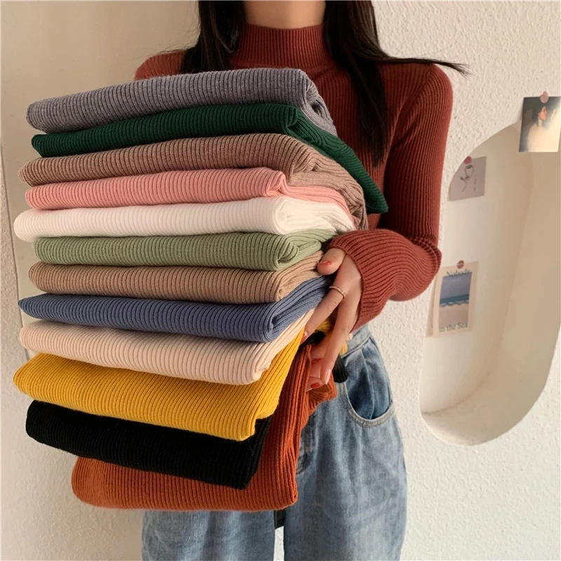 Spring Autumn Turtleneck Pullovers Sweaters Basic Women Long Sleeve Korean Slim Sweaters Casual Jumper Female Knitted Top