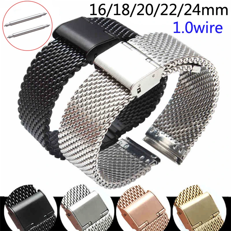 Replacement Watch Strap 16mm 18mm 20mm 22mm 24mm Stainless Steel ML Loop Meshed Watch Band Wrist Bracelet Fold Buckle Pins
