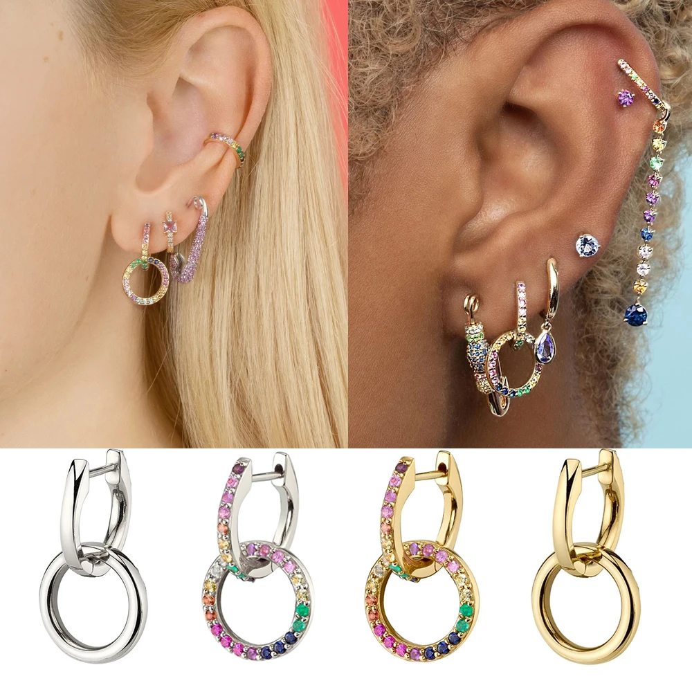 New Design Rainbow CZ Zircon Double Circle Earrings for Women Elegant Small Round Hoop Earrings Female Huggie Jewelry Gift