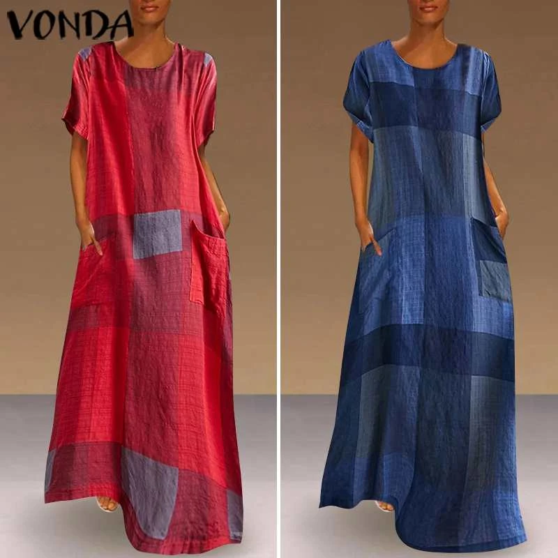 VONDA 2021 Vintage Patchwork Plaid Maxi Dress Women Bohemian Vests Holiday Beach Dress Casual Loose Summer Sundress