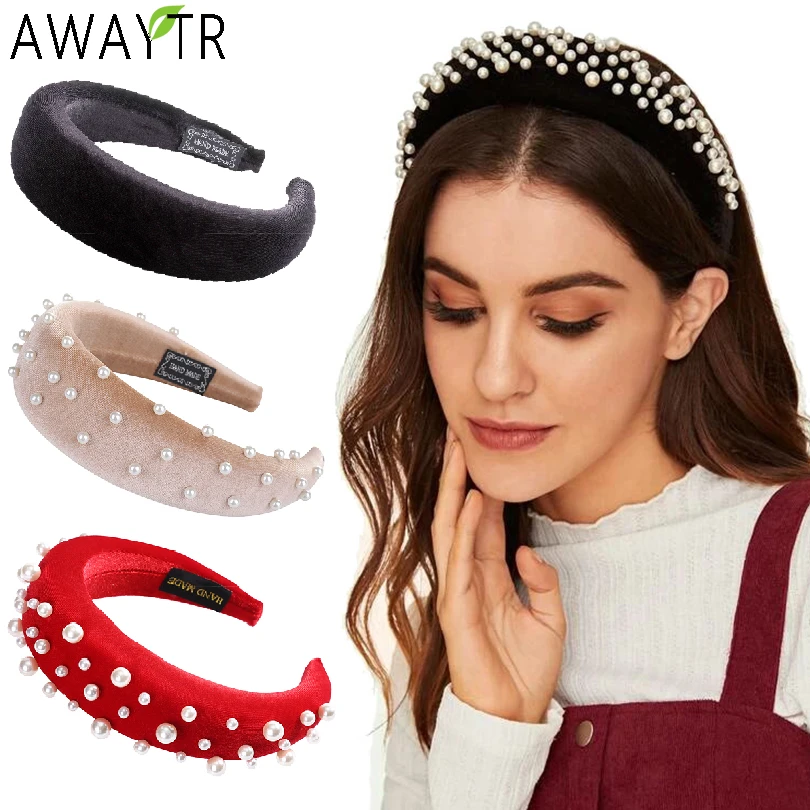 Velvet Padded Headbands for Women 4cm Wide Solid Rhinestones Thick Hair Hoop Girls Sponge Non-slip Hairbands Hair Accessories