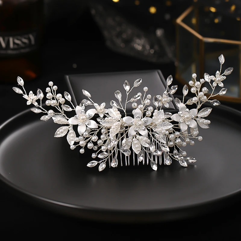 Handmade Silver Color Flower Hair Comb Pearl Rhinestone Flower Hair Accessories For Women Bride Wedding Accessories Tiara