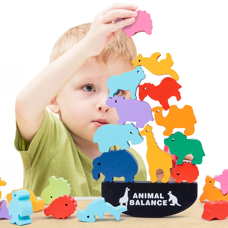 Children Wooden Stacking Balance Building Block Toy Cartoon Animal Dinosaur Colorful Blocks Balance Games Montessori Wooden Toys