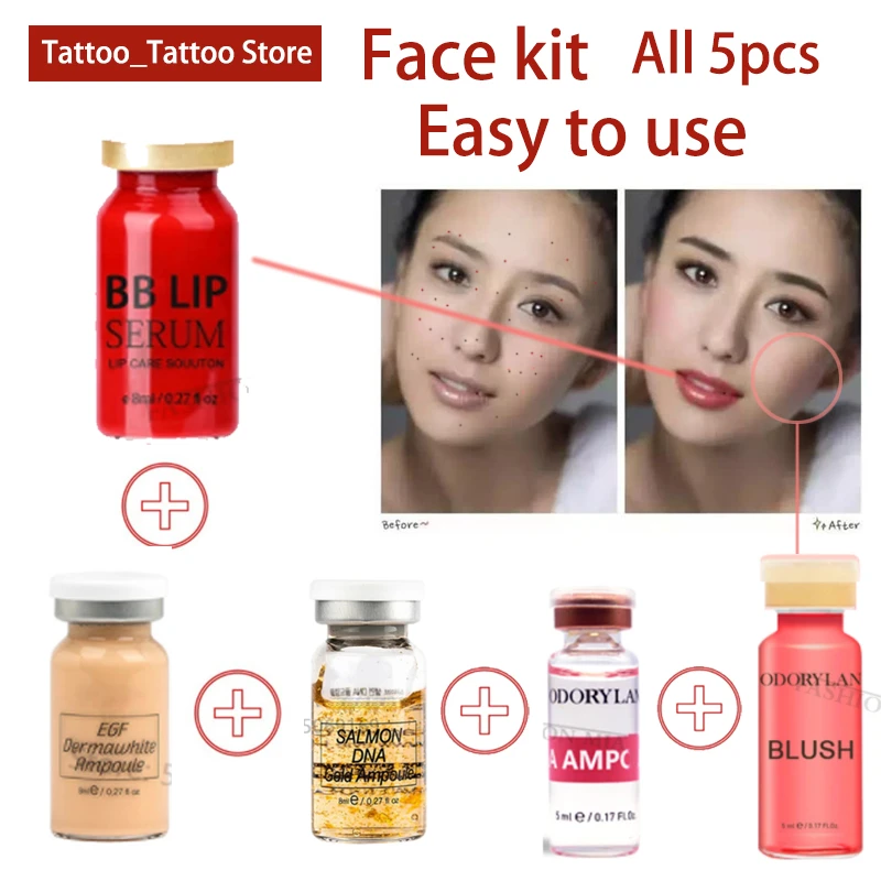 5pcs Korean BB Cream Face Kit Serum Ampoule Starter Kit Lip Gloss Pigment for Lip Coloring Moisturizing Microneedle Treatment