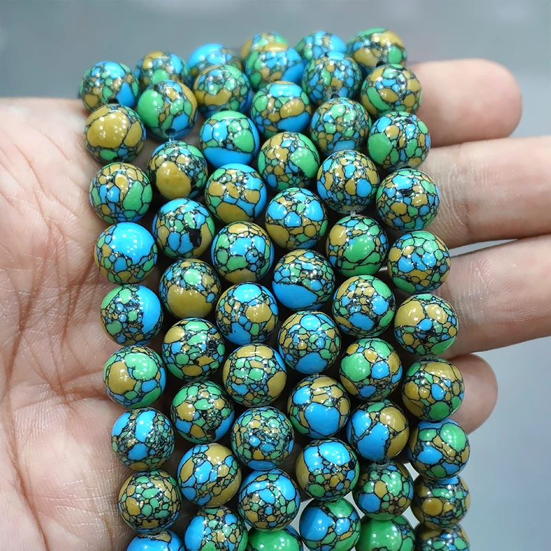 Smooth Natural Stone Tri Colored Turquoises Round Beads 15