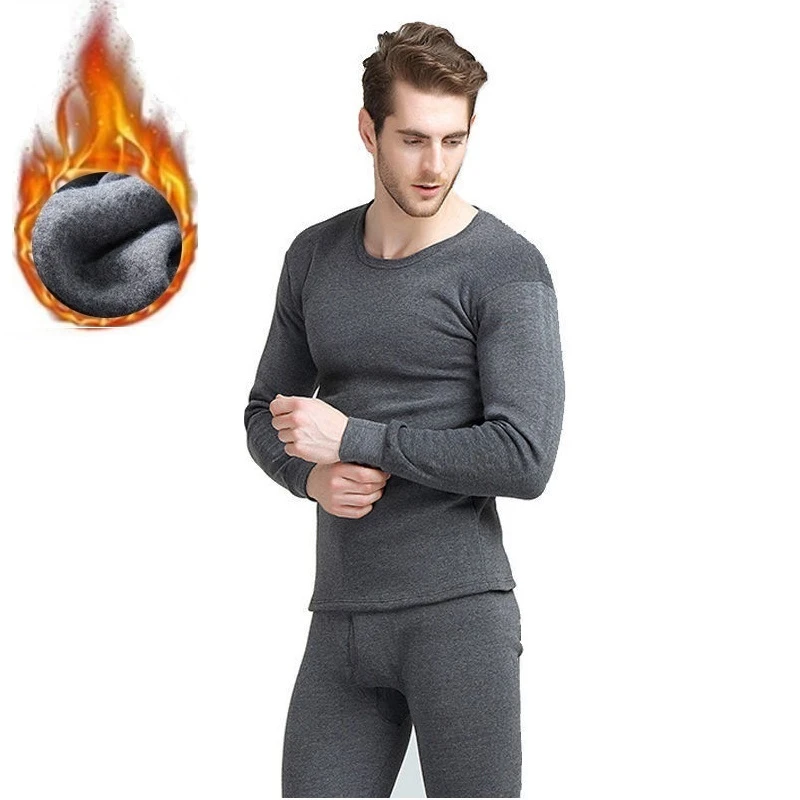 Winter Long Johns Men Thermal Underwear Sets thin fleece solid color keep warm
