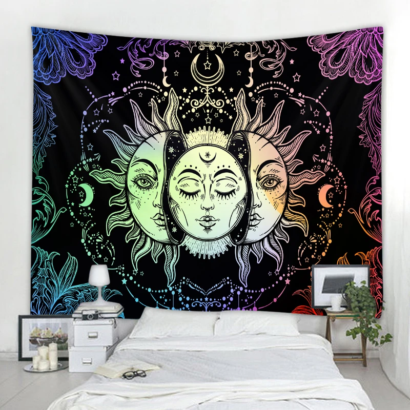 Tarot Divination Wall Tapestry Art Deco Blanket Curtain Hanging Bedroom Living Room Decoration Mysterious Bohemian Sun Moon Face