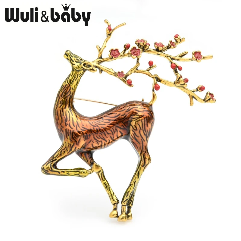 Wuli&baby Big Sika Deer Brooches Women Men Alloy Brown Enamel Elk Animal Brooch Pins Christmas Gifts