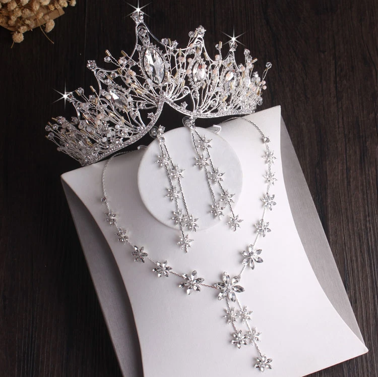 Baroque Silver Plated Crystal Leaf Bridal Jewelry Sets Rhinestone Crown Tiaras Choker Necklace Earring African Beads Jewelry Set