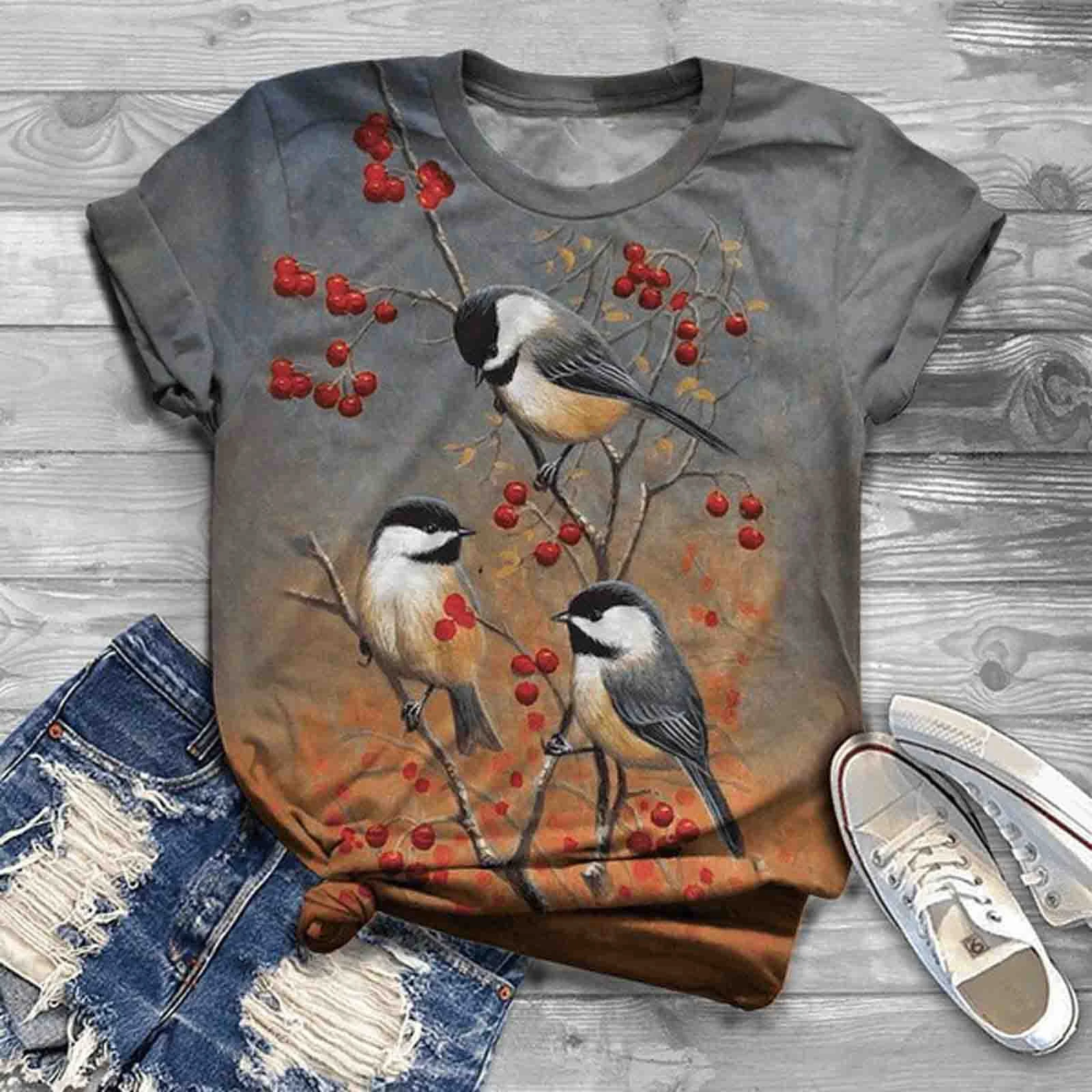 Harajuku Woman Tshirts Women Summer Plus Size Short Sleeve Bird Printed O-Neck Tops T Shirt Femme T-Shirts Mujer Camisetas