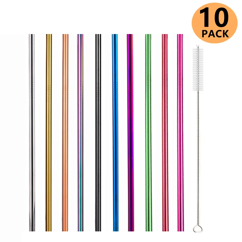 Mixed Color Reusable Metal Drinking Straw with Cleaning Brush Colorful 304 Stainless Steel Straws for Party Favors Bar Accessory
