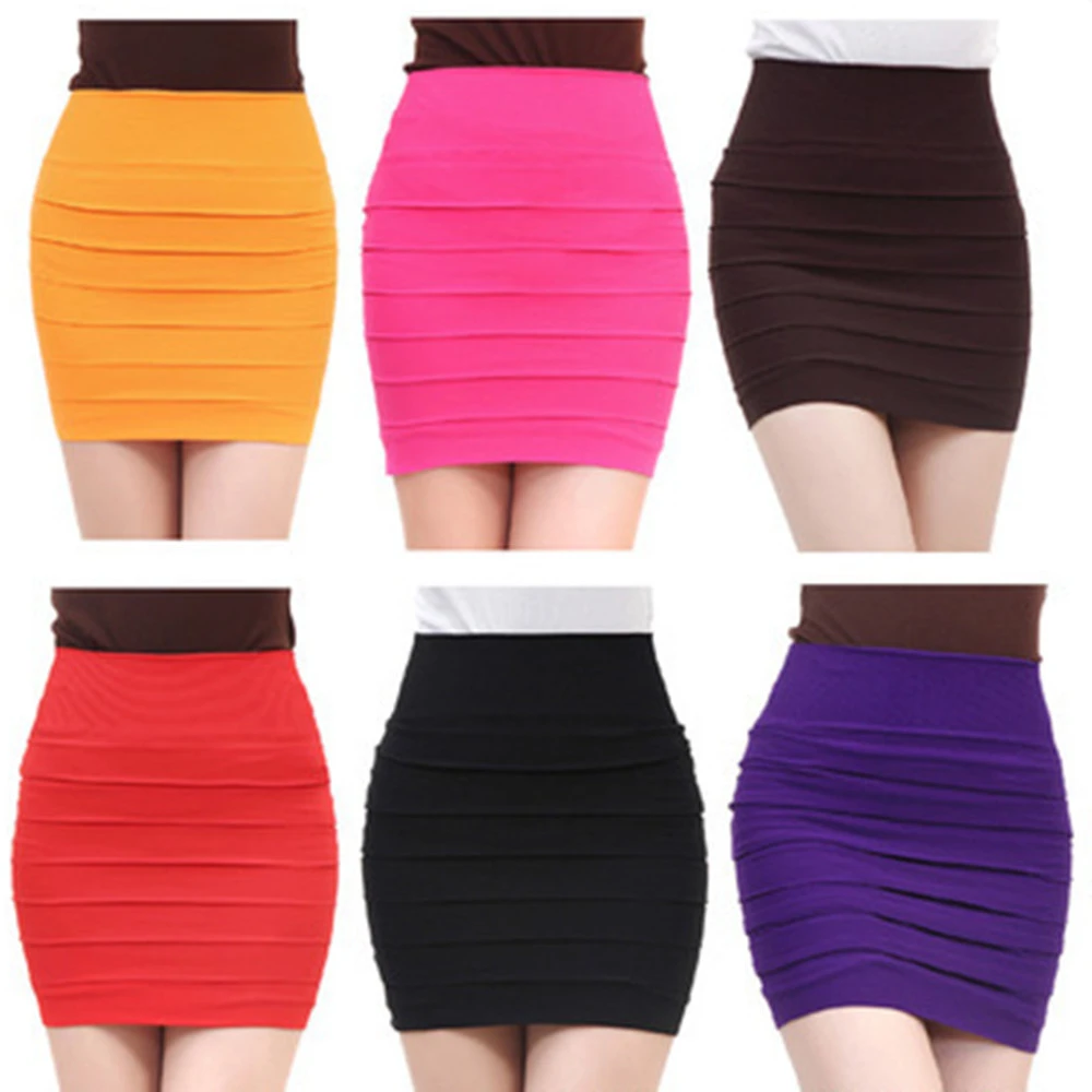 Women Candy colors Sexy High Waist Pleated Skinny Mini Bandage Hip Skirt YF173
