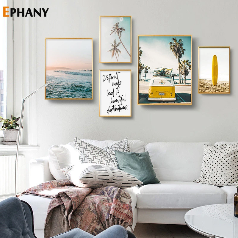 California Ocean Landscape Canvas Poster Nordic Beach Yellow Bus Wall Art Print Painting Surf Picture Scandinavian Home Decor