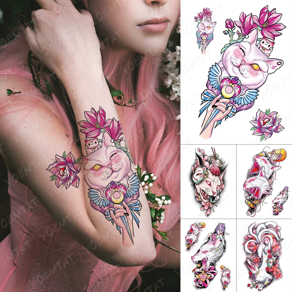 Waterproof Temporary Tattoo Sticker Ice Cream Cat Flash Tattoos Pink Anime Harajuku Body Art Arm Fake Tatoo Women