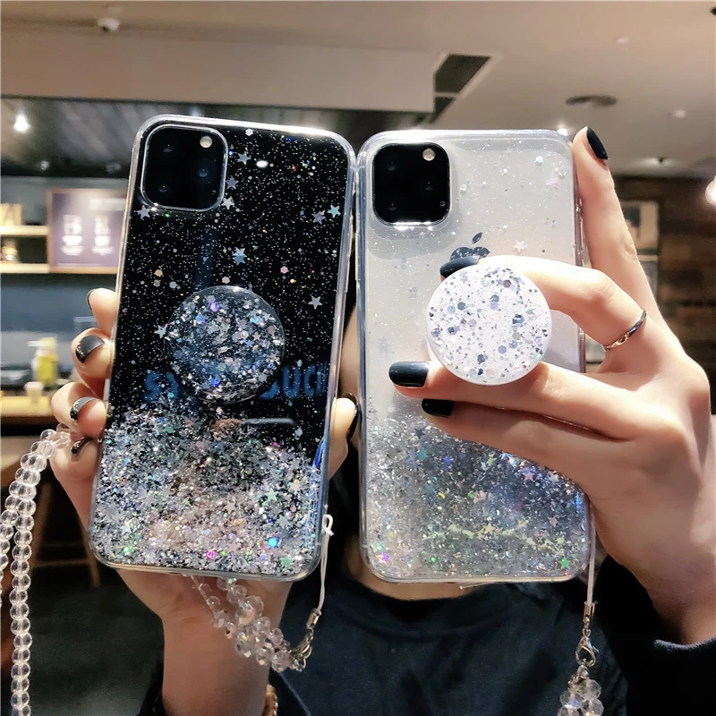 Bling Glitter soft clean Case For iPhone 12 11 Pro Max XR X XS 6s 7 8 Plus Stand Holder Socket cover for samsung S8 S9 S10 S20