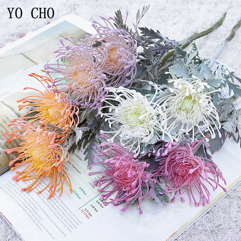 YO CHO Leucospermum Artificial Flower Short Branch Crab Claw 2 Fork Planting Pincushion Flower Home Simulation Flower