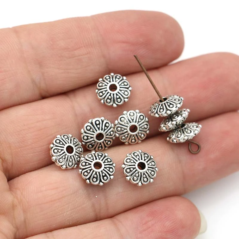 JAKONGO Antique Silver Plated Round Flower Loose Spacer Beads for Jewelry Making Bracelet DIY Findings 10x4mm 20pcs/lot