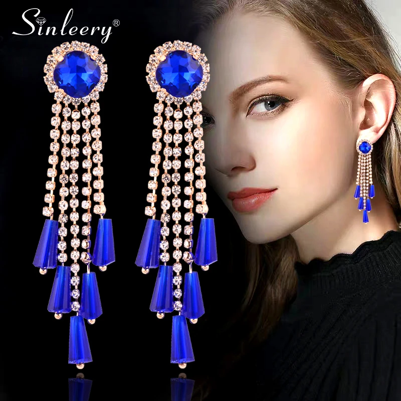 SINLEERY Tassel Big Statement Earrings Gold Color Blue Red Black Cubic Zirconia Earrings For Women earrings 2021 trend ES896 SSB