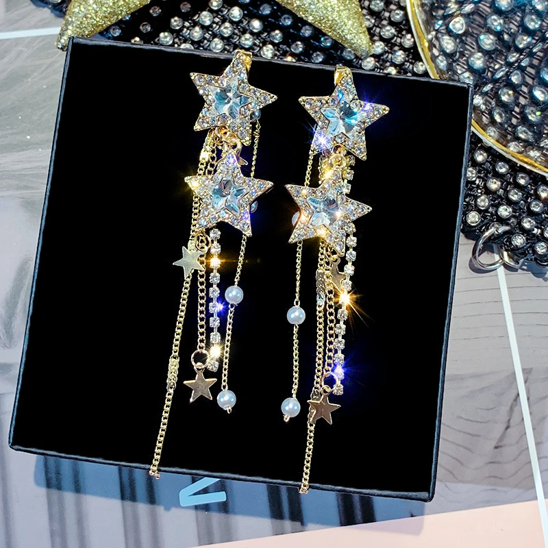 FYUAN Korean Style Star Drop Earrings for Women New Bijoux Long Tassel Shiny Blue Crystal Dangle Earrings Jewelry Accessories