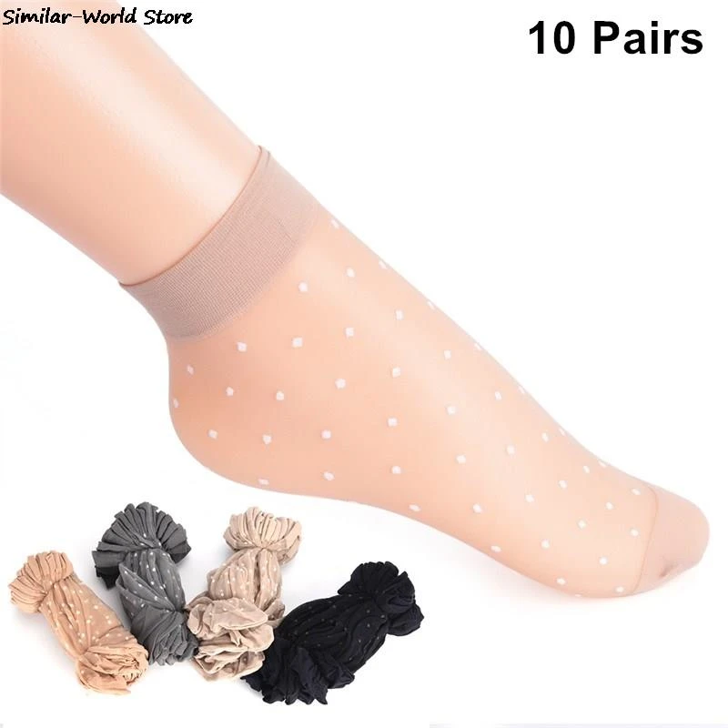 10 Pair Breathable Summer Sexy Skin Socks Pure Color Dots Women Girls Nylon Socks Elastic Ultra-thin Transparent Short Socks