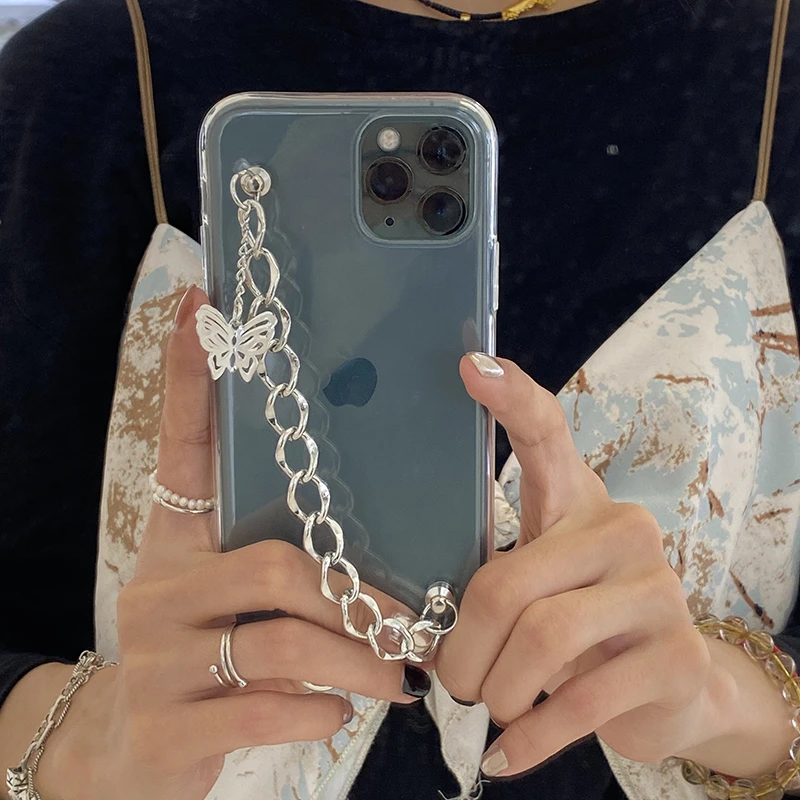 Butterfly Chain Phone Case For iphone 12 Pro Mini 11 6 7 8 plus X XR XS Max SE 2020 Soft Fashion Bracelet Clear Protective Cover