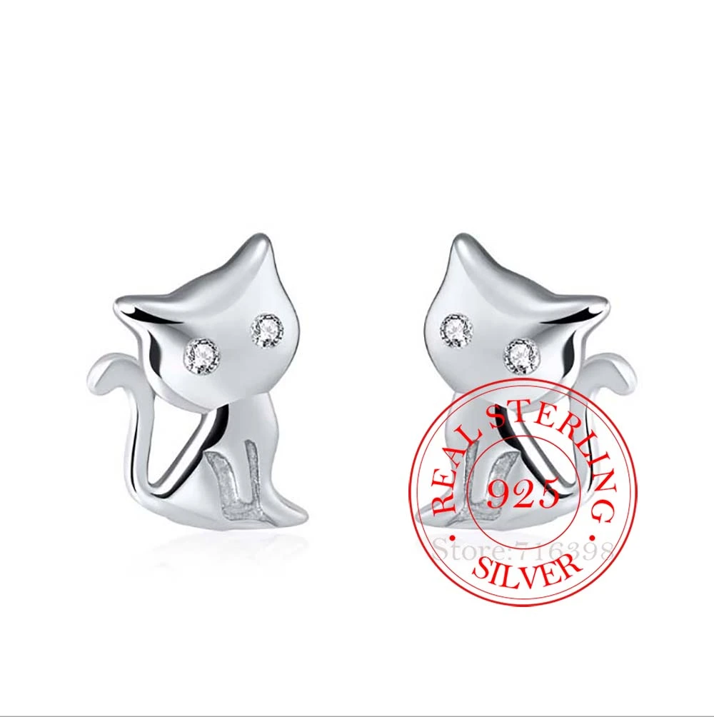 925 Sterling Silver Animals Cat Stud Earrings For Women Girls Female Wedding Fashion Jewelry