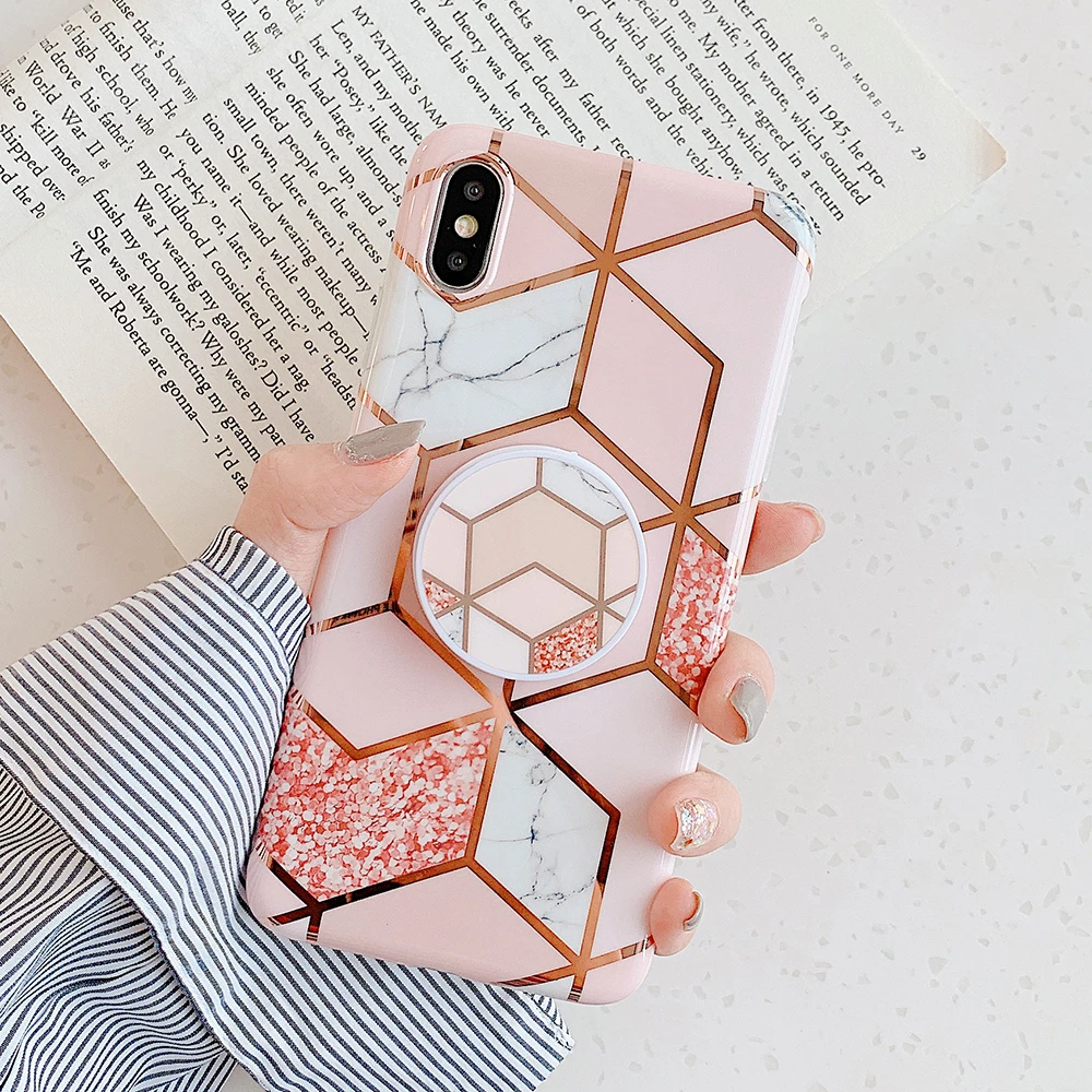 LOVECOM Electroplated Marble Phone Case For iPhone 13 Pro Max 11 12 Pro Max 12 Mini XR XS Max 7 8 Plus Folded Holder Soft Cover