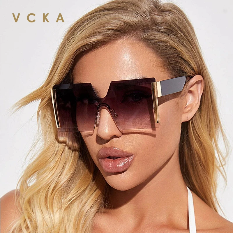 VCKA 2020 Oversized Square Rimless Sunglasses Women Brand Designer Flat Siamese Sun Glasses Female Eyewear Travel Gafa de sol
