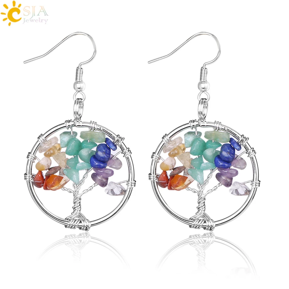 CSJA Tree of Life Women Drop Earrings Round Natural Chip Gem Stone Opal Tiger Eye White Crystal Dangle Hook Earring Jewelry E514