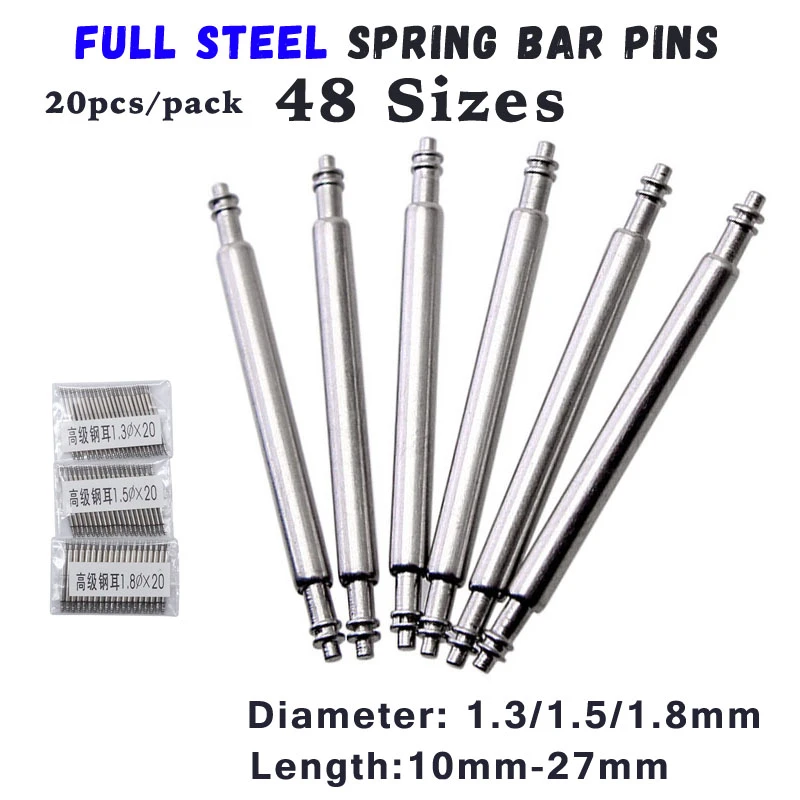 20 Pcs Diameter 1.3 1.5 1.8mm Stainless Steel Spring Bars Pin For Watch 10 11 12 13 14 15 16 17 18 19 20 21 22 23 24 25 26 27mm